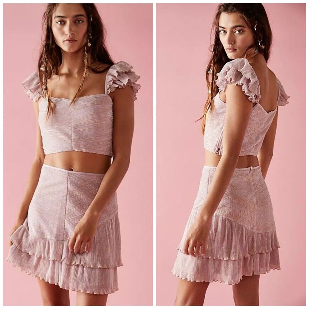 NWOT Saylor Free People Elinor Pink Metallic Crop Mini Set $298 Small